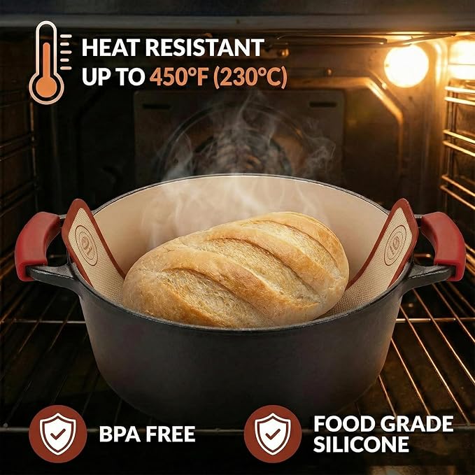 Silicone Bread Sling for Dutch Oven, 2-Pack Reusable Sourdough Baking Mats | Non-Stick Reusable Dutch Oven Liners with Long Handles for Easy Bread Transfer, Sourdough Baking and Quick Cleaning
