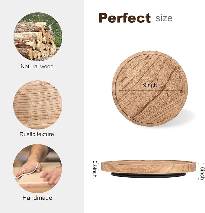 Wood Lazy Susan Turntable Kitchen Decor Round Table Tray, 9" Brown | Waterpoof, Easy clean, Non-slip, Rotating Wooden Decorative Pantry Table Tray for Seasoning, spice, snack