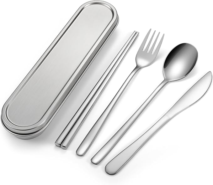 Travel cutlery set, 18/8 stainless steel cutlery, Reusable utensils set with case, Portable Silverware Lunch Box for Camping and Office (Stainless Steel)