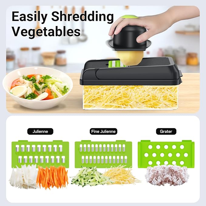 15-in-1 Vegetable Chopper with 10 Blades, Food Veggie Cutter, Green | Includes Egg Separator, Food Container and Finger Guard, Non-slip Base, for Chopping, Slicing, Shredding, and Mincing