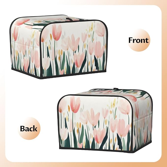 4 Slice Toaster Cover Tulip Flower Watercolor Dust Proof Washable Kitchen Appliance Cover with Pocket, Oxford Fabric Countertop Toaster Protector for Standard Toasters Small Appliances