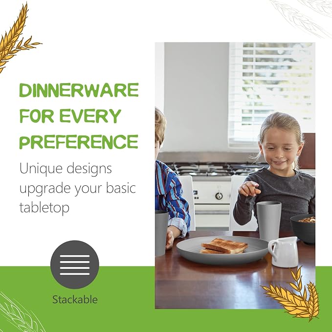 Teivio 32-Piece Plates and Bowls Sets for 8, Wheat Straw Dinnerware Sets | 13.5oz Cups, Plastic Unbreakable Dish Set, Dishwasher, for Outdoor Camping Dinning RV Kitchen Essentials, Gray Ombre