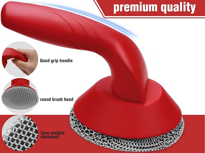 Cast Iron Cleaner Scrubber with Handle -Welded Chain Mail Cast Iron Cleaner | Large Round Cast Iron Brush,Dishwasher Safe, 316 Chainmail Sponge Scrub Cleaning Tool to Clean Skillet, Frying Pan, Wok, Oven