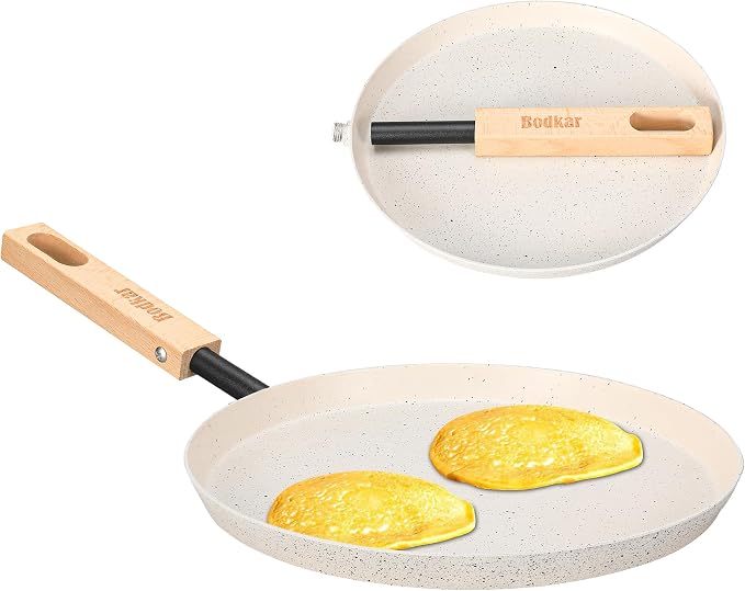 bodkar Frying Pan Skillet Pre-Seasoned 8-inch Flat Griddle Pan | Lightweight Grill Pan with Wooden Handle for Camping Indoor Outdoor Cooking (Beige, 8 inch)