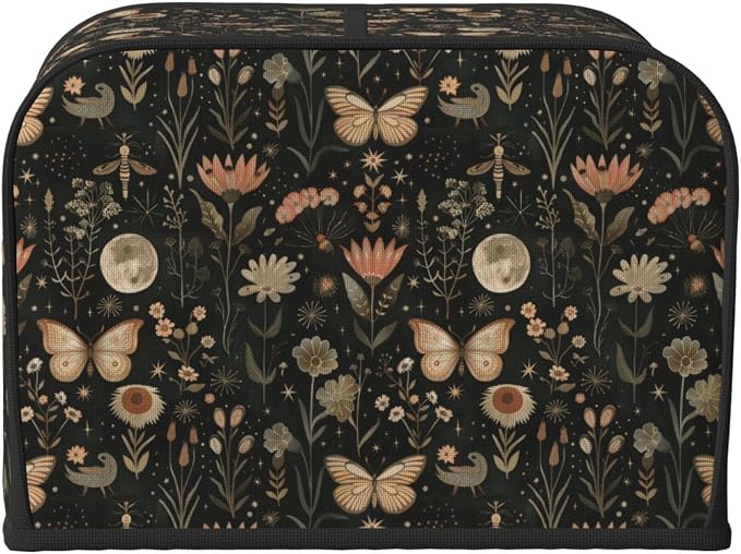 4 Slice Toaster Cover Vintage Butterfly Moon Flower Dust Proof Washable Kitchen Appliance Cover with Pocket, Oxford Fabric Countertop Toaster Protector for Standard Toasters Small Appliances
