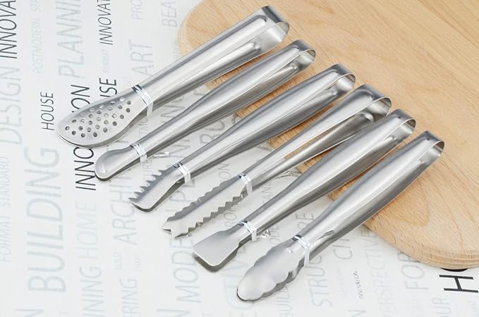 HINMAY Small Serving Tongs Set 6" Stainless Steel Mini Tongs, Set of 6