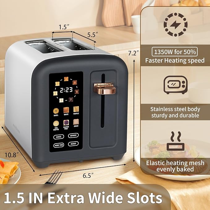 SEEDEEM 2 Slice Stainless Steel Toaster, Touch LCD, 7 Shade, 1350W | 6 Bread Type, 7 Shade Setting, 1.5''Wide Slots, Removable Crumb Tray