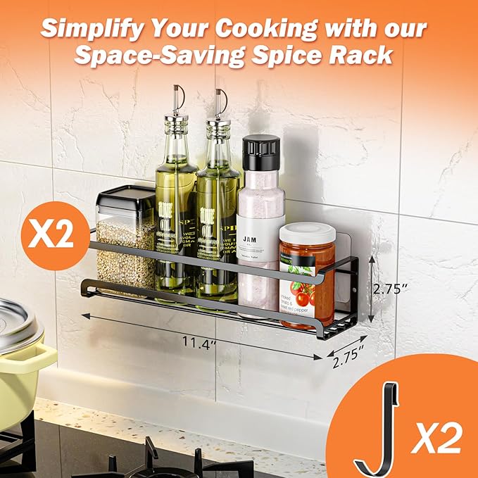 Bunoxea Spice Rack Wall Mounted 2 Pack, Black,11.41x2.75x2.75in | 2 Removalble Hooks,Screw or Adhesive Hanging,Space-Saving,For Kitchen Cabinet, Pantry Door,Stove,RV