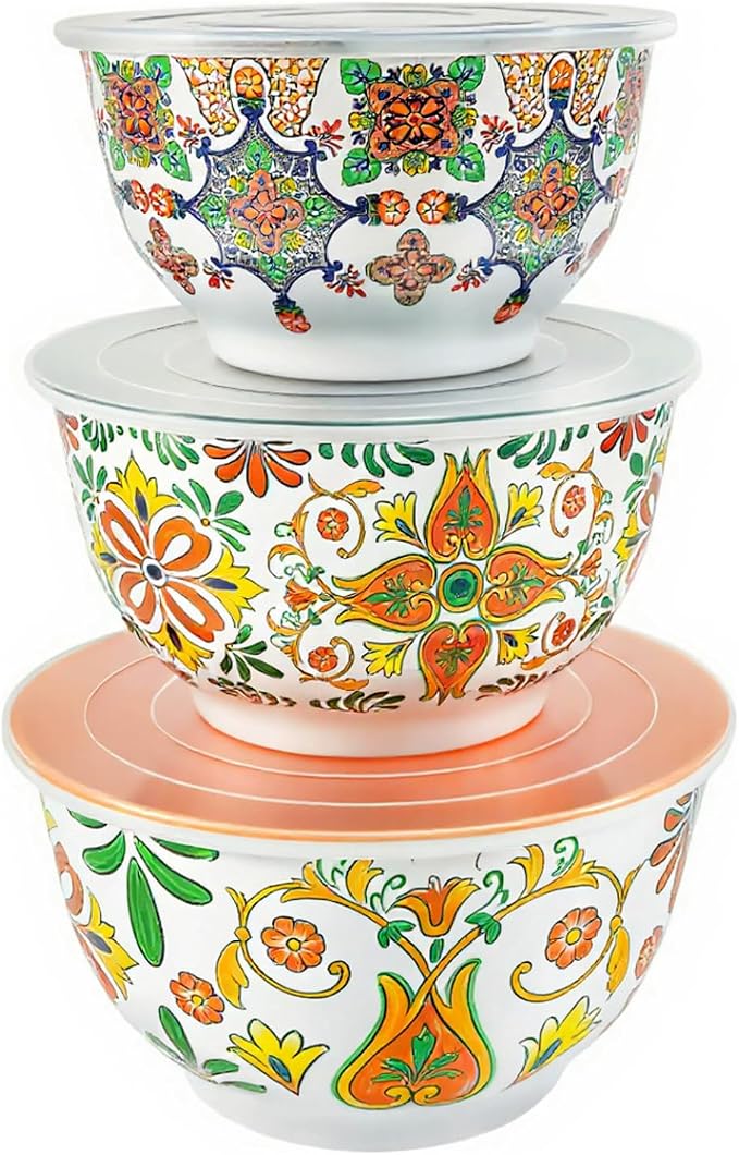 TP Melamine Mixing Bowl Set with Lids, Salad Bowl Set of 3, Aztec Bloom | Nesting Design,Break-resistant,Pasta & Salad Prep, Baking Prep, Space-saving Storage, Freezer Safe, Dishwasher Safe