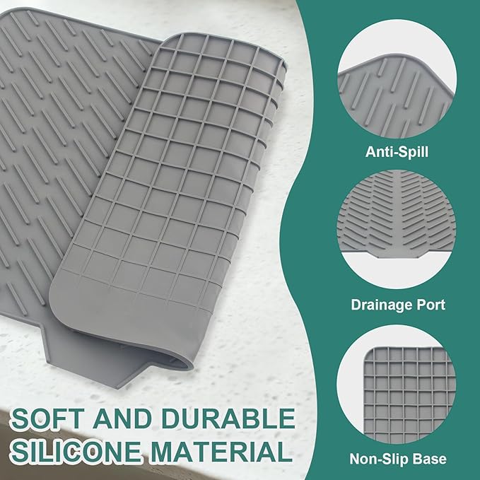 Silicone Dish Drying Mat for Kitchen Counter, 23" x 17" Grey-1pcs | Heat Resistant & Non-Slip Dish Drain Pad with Built-In Drain, Quick-Dry, Hangable & Roll-Up for Storage，Multi-Functional Use