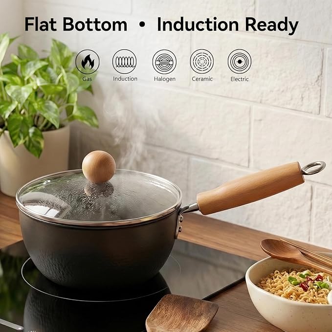 Small Carbon Steel Wok with Lid, 7-Inch 1.5QT Flat Bottom Pan | Uncoated mini wok for ramen, soup and eggs; induction-ready flat bottom design sized for 1-2 servings and everyday meal prep.