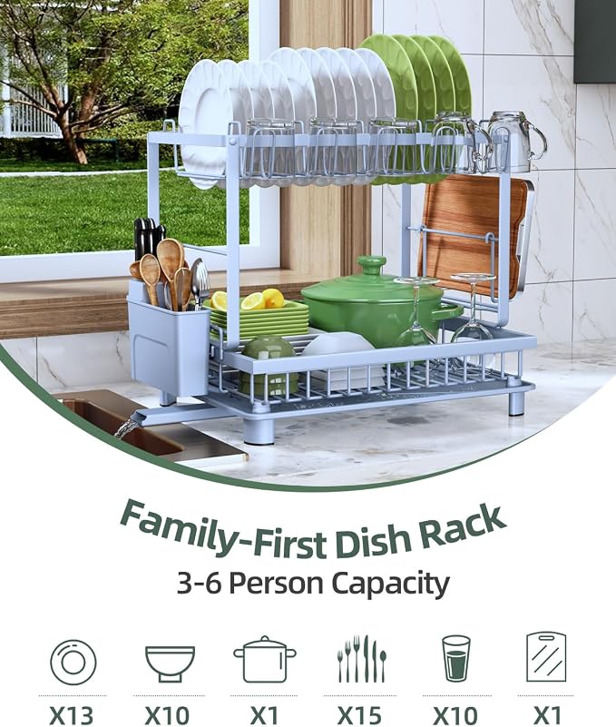 2-Tier Dish Drying Rack for Kitchen Counter, Space-Saving, Blue | Rustproof Carbon Steel, Auto Drain Spout, Space-Saving Dish Rack with Drainboard, Utensil & Cup Holders, Countertop Organizer