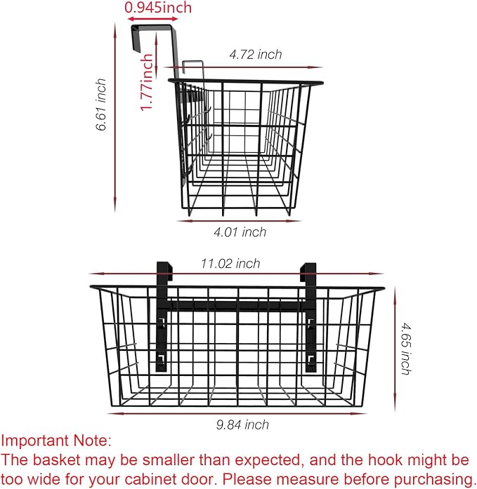 MaraFansie Basket with Hook, Grid Storage Basket, Over the Cabinet Door Organizer, Wire Hanging Basket with Hook Over the Railing, Under Sink Kitchen Cabinet, Pantry, Bathroom, Black, 2 Pack