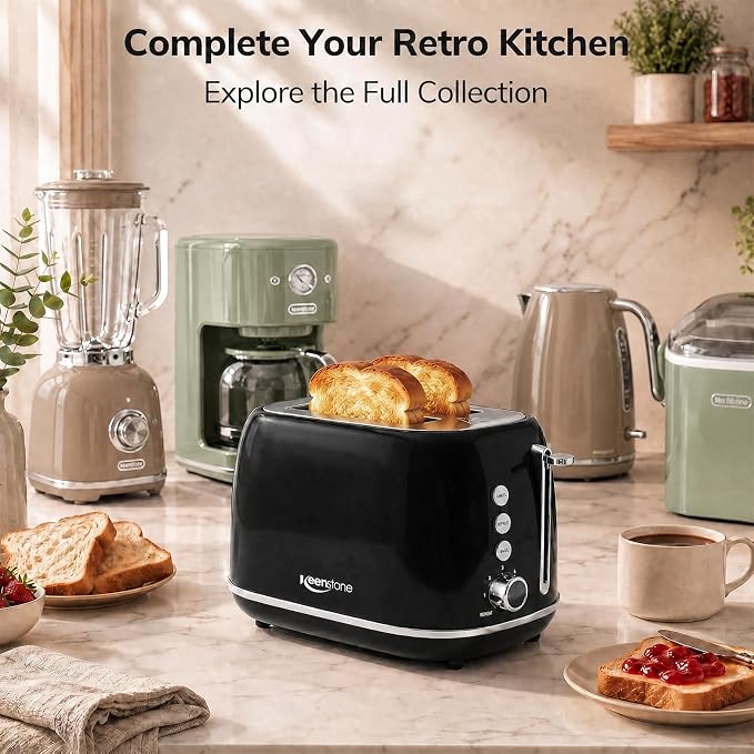 2 Slice Retro Stainless Steel Toaster with Bagel, Cancel, Defrost Function and 6 Bread Shade Settings Bread Toaster, Extra Wide Slot and Removable Crumb Tray (Black)