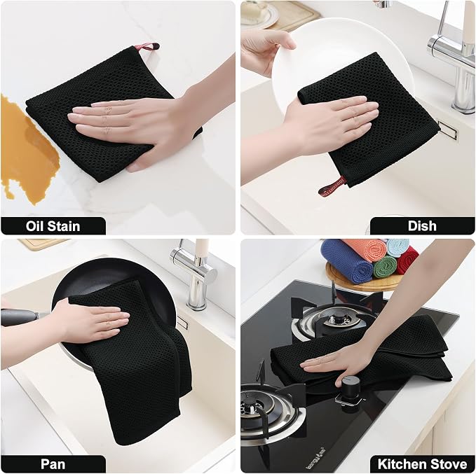Homaxy 10 Pack 100% Cotton Kitchen Towels and Dishcloths Set, Black | 12 x 12 Inches and 13 x 28 Inches Kitchen Towels Set, Ultra Soft Absorbent Dish Cloths for Washing Dishes