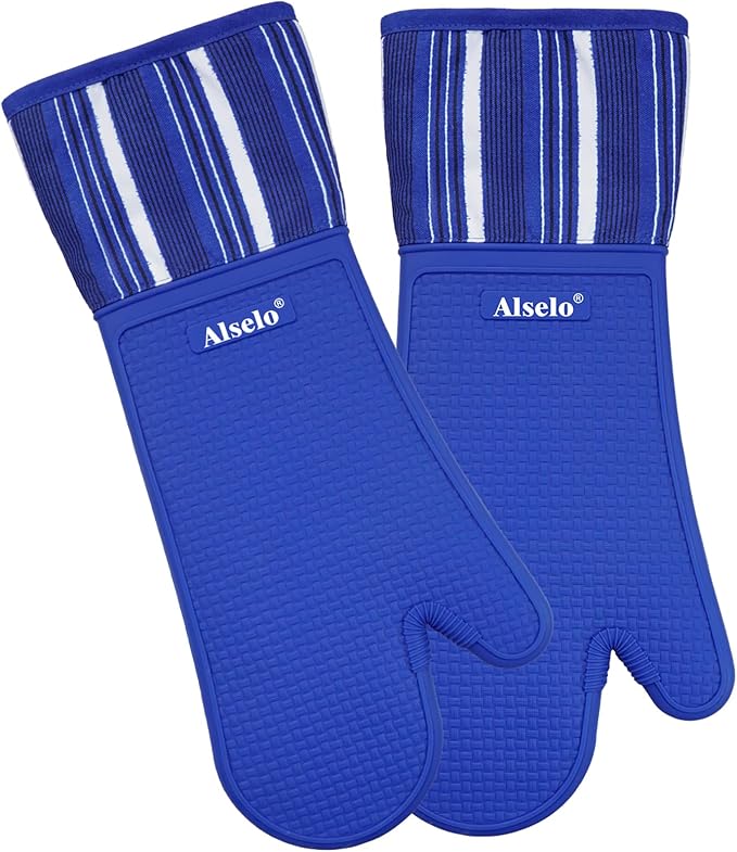 Alselo Silicone Oven Mitts Set, Heat Resistant 550 Degree,7.5"x16" | Extra Long Kitchen Mittens,Waterproof & Non-Silp Oven gloves for Baking Cooking Barbecue Microwave (Extra Long Navy, 2)