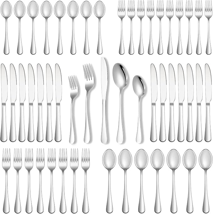 Runfly 40-Piece Silver Flatware Set, Stainless Steel Cutlery Set for 8 | Mirror Polished Durable Utensil Set Includes Knife Fork Spoon for Home Kitchen Restaurant Tableware
