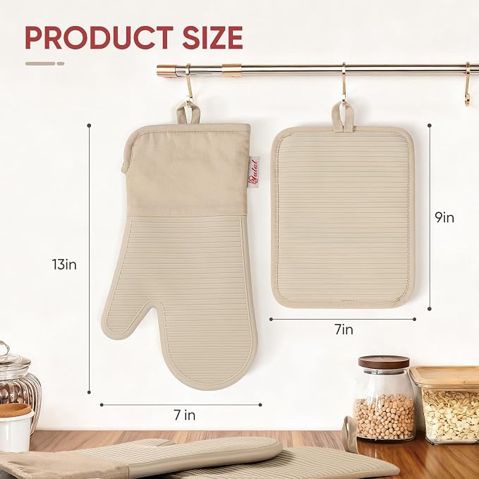 YUTAT Silicone Oven Mitts and Pot Holders Set,High Heat Resistant Up to 500 Degrees,Waterproof Cooking Gloves with Soft Polyester Filling,Kitchen Potholder Set,Khakis,4 Pcs Set