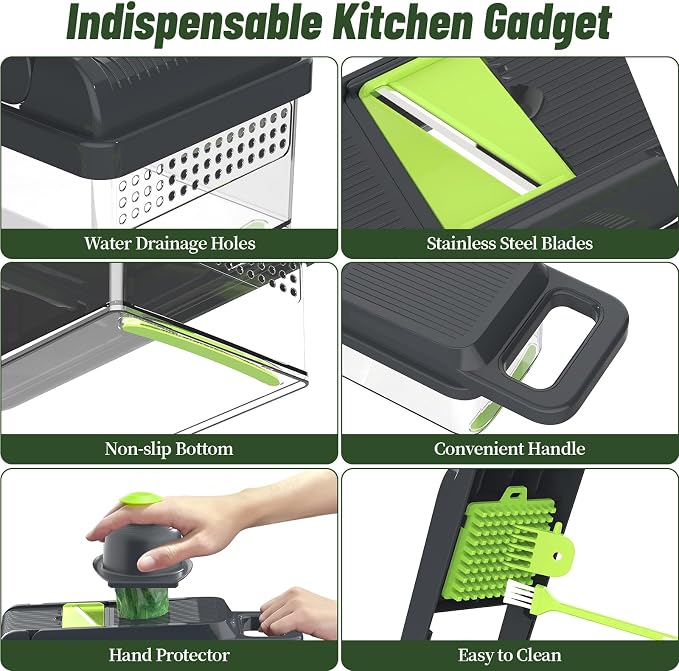 15-in-1 Vegetable Chopper 10 Blades, Veggie Cutter with Handle, Green/Grey | Stainless Steel Blades, Food Container and Lid, Dicer, Slicer, Julienne, Egg Separator, Non-slip Base, Include Cleaning Tools