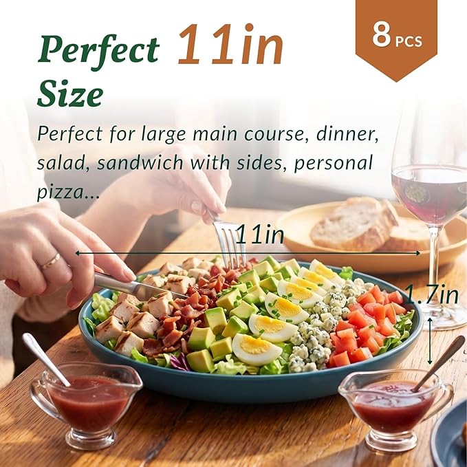 Deep Dinner Plates Set of 8 Alternative for Plastic Plates Microwave and Dishwasher Safe Wheat Straw Plates for Kitchen Unbreakable Salad Plate with 4 Colors (Colorful, 11 inch)