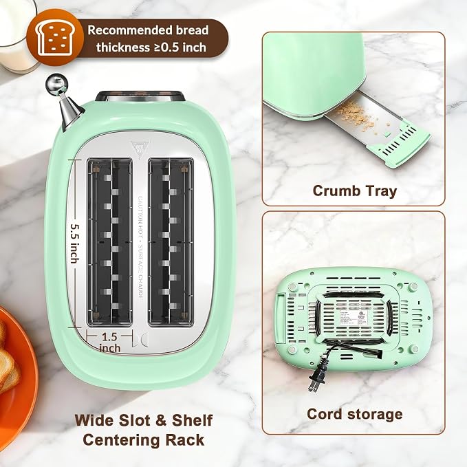 Mecity Toaster 2 Slice, Touch Screen Wide Slot Retro Toaster For Breads Bagel Muffin Waffle, House Warming Gift New Home, 120V 825W, Light Green