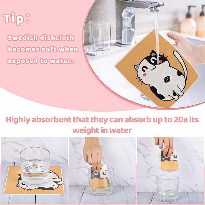 6 Pack Swedish Dishcloths for Kitchen, Cat Gifts for Cat Lovers Swedish Rag | Absorbent Dish Cloth with Adhesive Clips, Reusable Paper Towels No Odor for Countertop Sink Kitchen Cat Mom Gift for Women