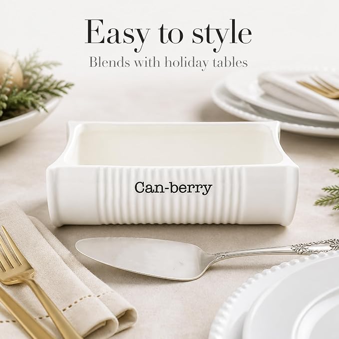 Mud Pie Can-Berry Ceramic Cranberry Serving Dish, Includes Spatula | Holds 1 Can Cranberries, Holiday, Thanksgiving, and Christmas Novelty Serveware, White, Cranberry Dish Server