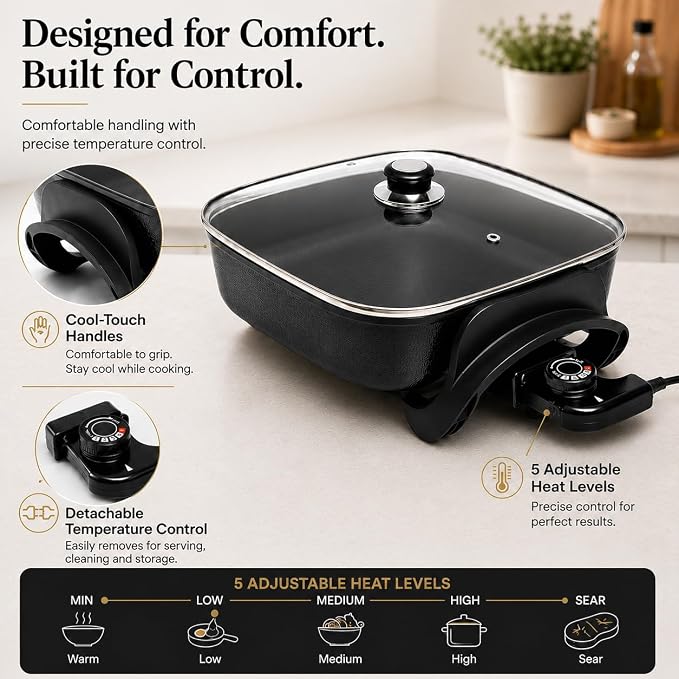 Moss & Stone Square Electric Skillet with Lid, 12-Inch Nonstick Frying Pan | 5 Qt Electric Frying Pan with Adjustable Temperature Control, Vented Glass Lid, Heat-Resistant Handles & Dishwasher Safe