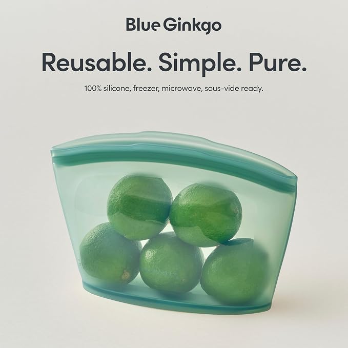 Blue Ginkgo Silicone Food Storage Bags, 3-Pack, Reusable, Made in Korea | Leakproof. Stand Up. Freezer and Dishwasher Safe. (Forest Green)