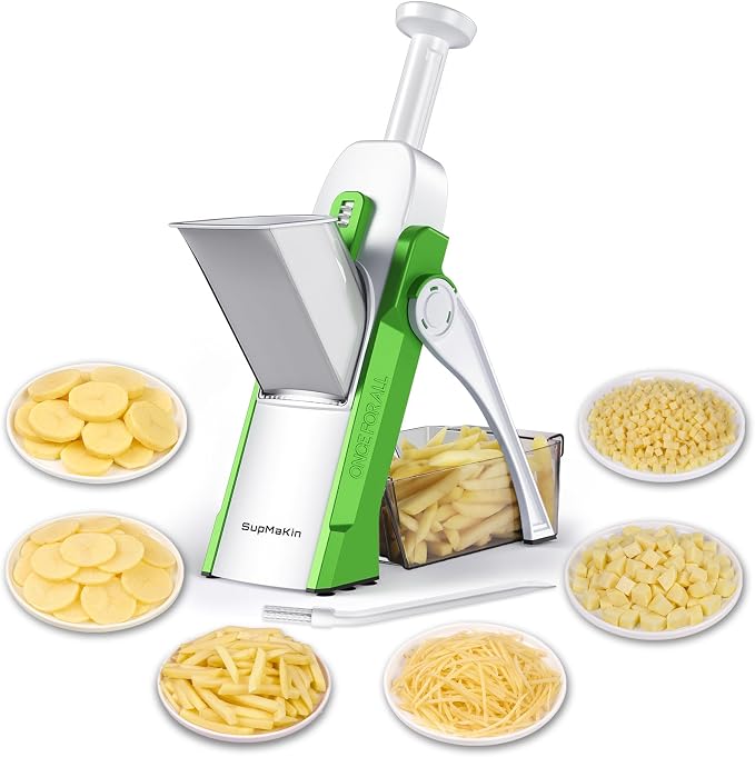 SupMaKin Upgrade Safe Mandoline Slicer, Vegetable Chopper, Potato Slicer 4 Modes Adjustable Thickness Food Cutter, Kitchen Chopping Artifact (6 in 1 Green) | 4 Modes Slice, Strips,Julienne Dicer,Vegetables Slicer Fry Food Cutter,Stainless Steel Blades,...