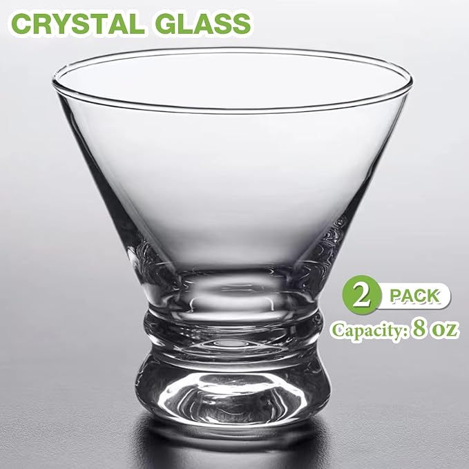 Gencywe 2 Pack Martini Glasses, 8 Ounce Crystal Cocktail Glasses, Martini Drinking Glasses, Hand Blown Stemless Cocktail Glassware for Bar, Martini, Cosmopolitan, Manhattan, Gimlet, Pisco Sour, Brandy