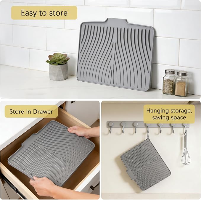 Silicone Dish Drying Mat for Kitchen Counter, Gray-1pcs, 16" x 13" | Heat Resistant & Non-Slip Dish Drain Pad with Built-In Drain, Dishwasher Safe, Quick-Dry, Hangable & Roll-Up for Storage