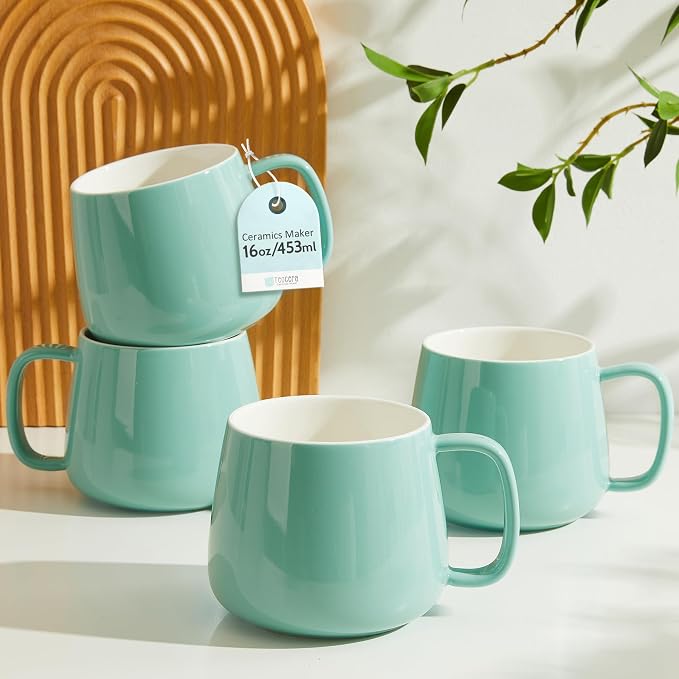 Teocera 16oz Ceramic Coffee Mugs Set of 4 – Stackable Latte Cups, Microwave, Dishwasher & Oven Safe – Ideal for Coffee, Cappuccino, Hot Chocolate, Housewarming Gifts, Mint Green