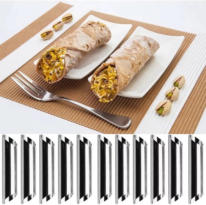 10 Pack Croissant Baking Forms 5 Inch + 10 Pack 5 Inch Cannoli Tube Moulds Kit, with Blue Pastry Bags Reusable, Cleaning Brush and Quality long Cream Icing Piping Tip for DIY Croissant Rolls