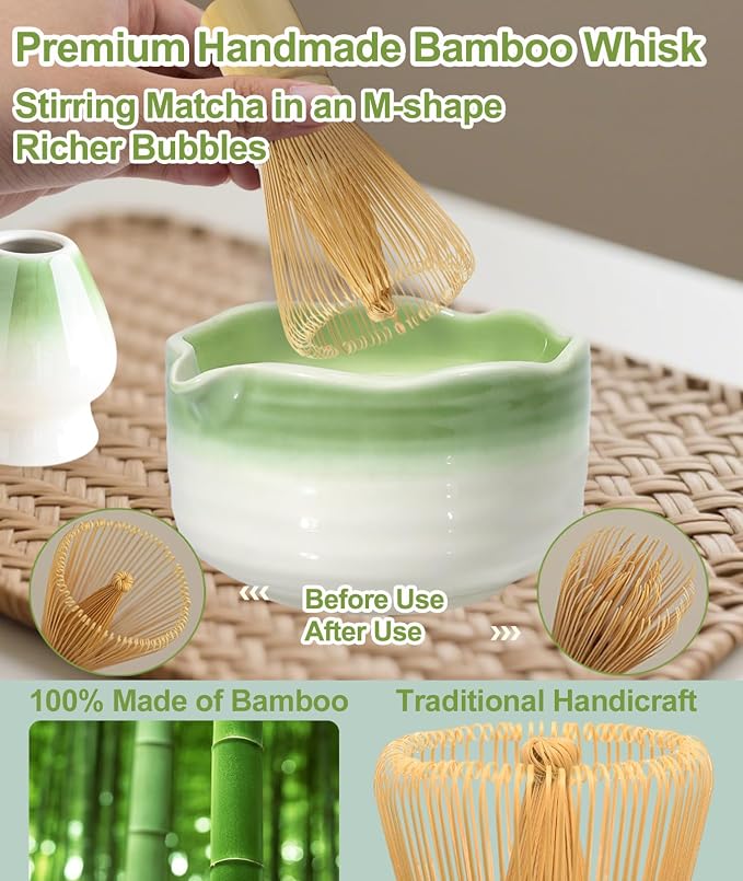 JBER Matcha Set, 7PCS Matcha Whisk Set with Bamboo Whisk for Matcha Starter | Ceramic Matcha Kit Includes 17oz Bowl, Whisk (Chasen) 100 Prongs, Holder, Spoon, Sifter for Matcha Beginners, Gradient Green