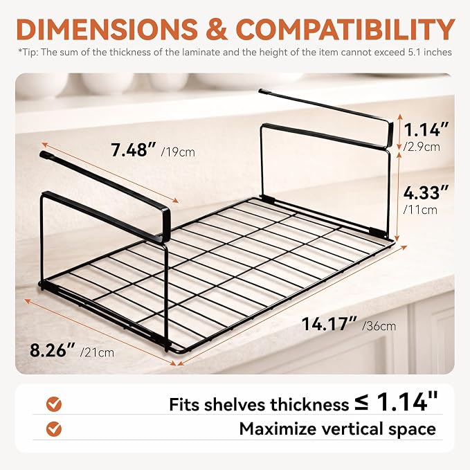 Under Shelf Basket, 15" Metal Under Shelf Storage, Space Saving Cabinet Organizers and Storage for Kitchen Pantry, Bookshelf, Cabinet, Bathroom,Black