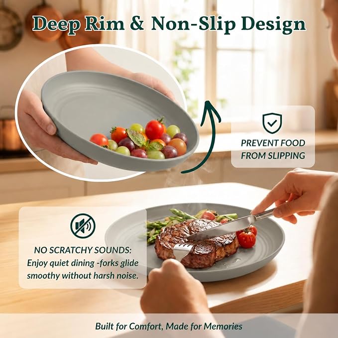Deep Dinner Plates Set of 8 Alternative for Plastic Plates Microwave and Dishwasher Safe Wheat Straw Plates for Kitchen, Camping Unbreakable Lightweight Round Plate Set (Grey, 9 inch)