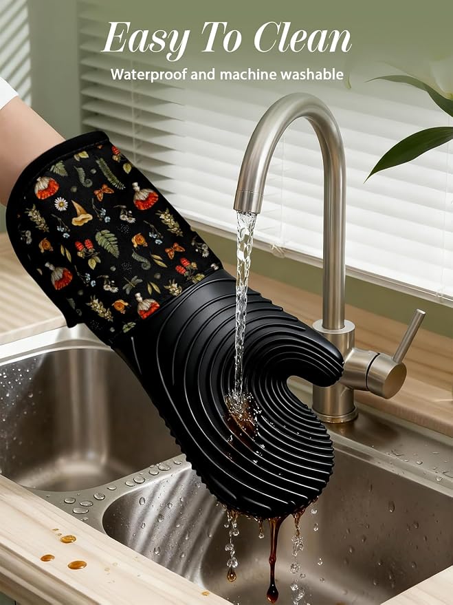 Slohif Long Silicone Oven Mitts Heat Resistant for Women - 2 Pcs Black Mushroom 100% Cotton Oven Gloves, Non-Slip and Waterproof Silicone Oven Mitts with Hanger for Baking and Cooking