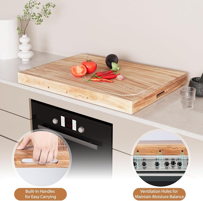 Wooden Stove Top Covers for Gas Burner and Electric Stove, Glass Cooktop Protector, Wood Noodle Board Stovetop Cover With Handles, Rustic
