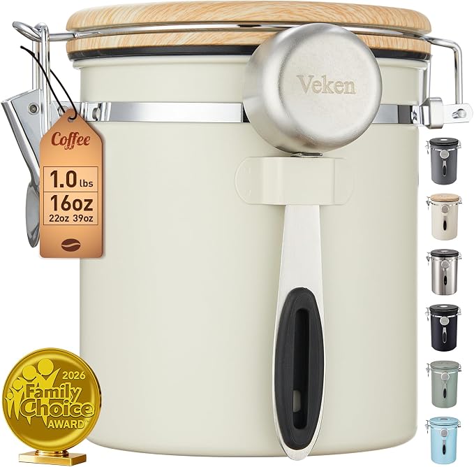 Veken Coffee Canister, Airtight Stainless Steel Food Storage Container,16OZ | Date Tracker, Kitchen Jars for Beans,Ground, Espresso, Rice,Tea, Sugar,Cereal,Cookie, Bar Accessories,Gifts, Lids,Scoop,Cream