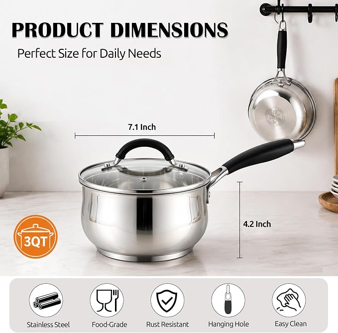 E-far 3 Quart Saucepan, Tri-Ply Base Stainless Steel Sauce Pot with Lid | Small Milk Sauce Pan with Silicone Handle for Home Kitchen Cooking, Compatible with All Cooktops, Non-toxic, Dishwasher Safe