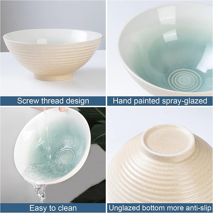 Ceramic Japanese Ramen Bowl Set, 2 Sets Asian Pho Udon Soup Noodle Bowls with Spoons and Chopsticks (Green, 8 inches)