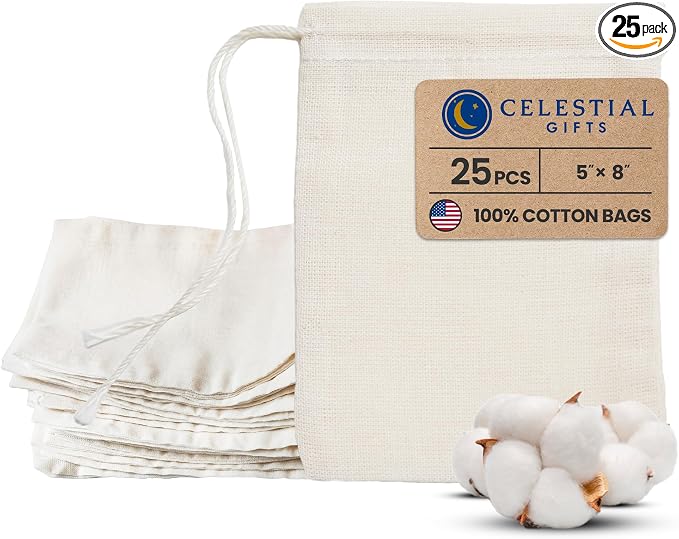 Celestial Gifts 100% Cotton Muslin Drawstring Bags, 25 Pcs, 5x8 Pouches | Made in USA, Natural Hem & Drawstring, Reusable Small Sachet Pouches for Party Favors, Glasses, Tea, Herbs & Crafts