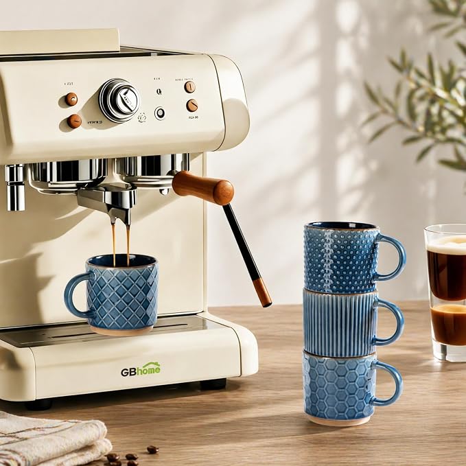 GBhome 12 OZ Stackable Coffee Mugs Set of 6, Ceramic Coffee Cups Set | 3 Assorted Designs, Embossed Mugs with Texture Patterns for Tea/Latte/Cappuccino, Dishwasher&Microwave Safe