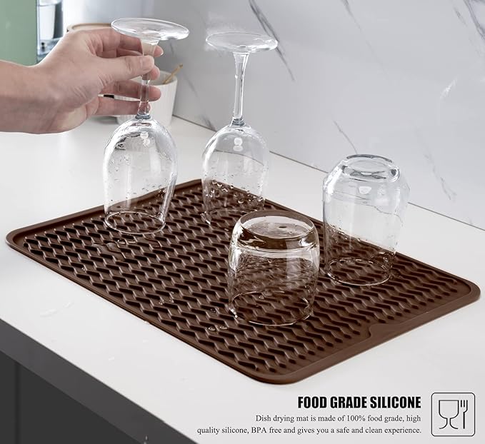Silicone Dish Drying Mat, Non-Slip Easy Clean Sink Mat, Coffee, 18" x 16" | Quick-Dry Ridges, Large Heat-resistant Dish Drainer Mat for Kitchen Counter, Hangable & Roll-Up for Storage, Dishwasher Safe