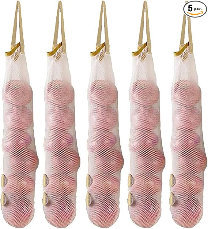 Ahyuan Hanging Mesh Storage Bags 5 Pack Onion Garlic Potatoes Net Mesh Bag Long and Large Reusable Net Produce Bags for Fruit Veggies Garbage Bag for Home RV Camper