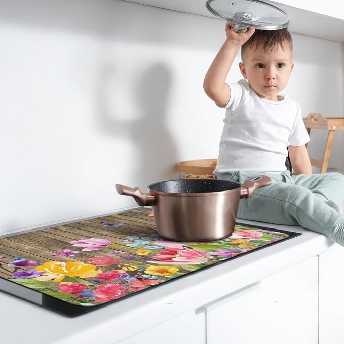 Spring Summer Glass Stove Top Covers for Electric Stove,Colorful Flower Watercolor Floral Farmhouse Heat Resistant Cooktop Protector Non-Slip Washable Dish Drying Mat Rug Pad for Kitchen Decor 28"x20"