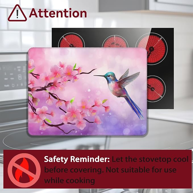 Electric Stove Top Cover Protector,Cherry Blossom Hummingbird Glass Flat Top Stove Mat,Heat-Resistant Oven Induction Cooktop Mat for Ceramic Countertop Mats Dish Drying Mat