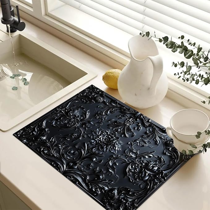 HOMETITUTE Stove Top Cover 28x20 Black Baroque Floral Diatomite Mat