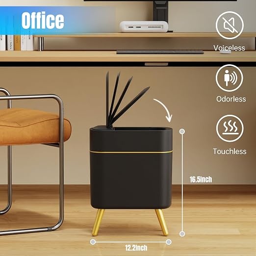 Yatmung Bathroom Trash Can Automatic Touchless - Modern Smart Trash Bin | Narrow Waste Basket for Bedroom, Laundry Room, Office, Plastic - Motion Sensor Garbage Can with Lid - Black with Gold Edge